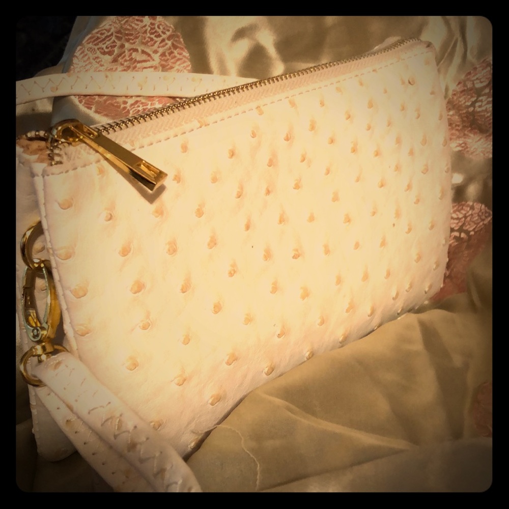 White faux crocodile, gold trim, long strap purse